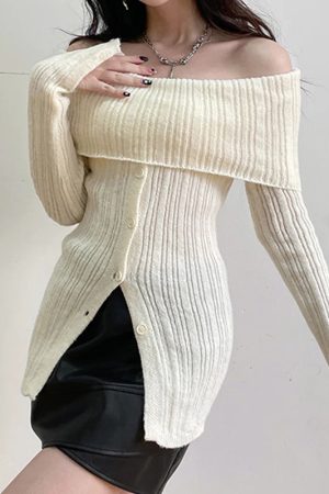 Quick Outfits, Modest Fashion Outfits Ideas Button Up Off Shoulder Knitted Top