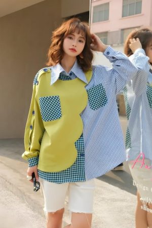 Quick Outfits, Modest Fashion Outfits Ideas Buttoned Sleeved Patchwork Shirt