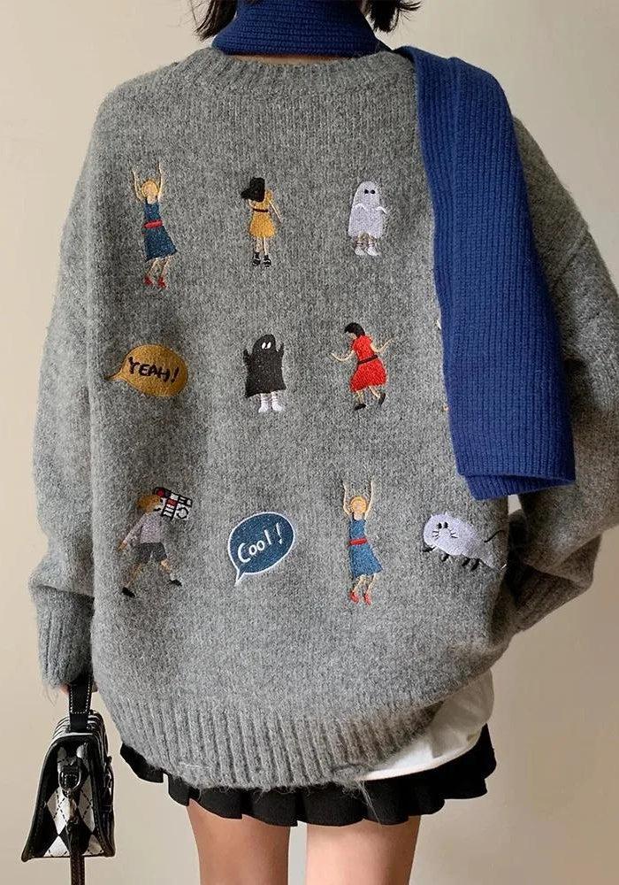 Quick Outfits, Modest Fashion Outfits Ideas Cartoon Embroidered Knitted Sweater Quick Outfits, Modest Fashion Outfits Ideas Cartoon Embroidered Knitted Sweater
