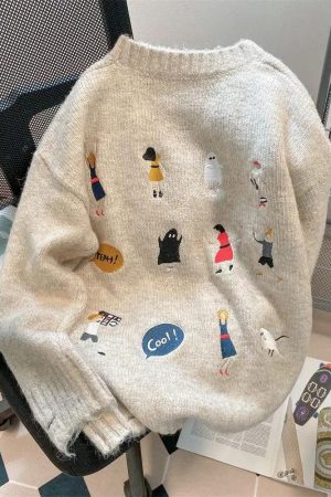 Quick Outfits, Modest Fashion Outfits Ideas Cartoon Embroidered Knitted Sweater