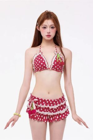Quick Outfits, Modest Fashion Outfits Ideas Cherry Polka Dot Bikini Top & Shorts