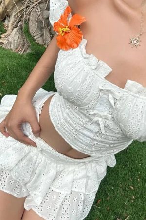 Quick Outfits, Modest Fashion Outfits Ideas Coquette Broderie Anglaise Top & Mini Skirt Two Piece Set