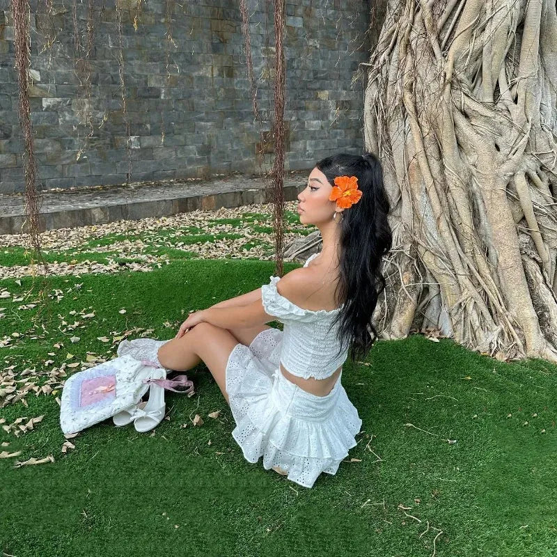 Quick Outfits, Modest Fashion Outfits Ideas Coquette Broderie Anglaise Top & Mini Skirt Two Piece Set Quick Outfits, Modest Fashion Outfits Ideas Coquette Broderie Anglaise Top & Mini Skirt Two Piece Set