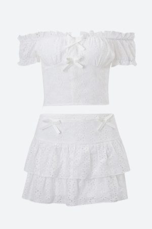 Quick Outfits, Modest Fashion Outfits Ideas Coquette Broderie Anglaise Top & Mini Skirt Two Piece Set