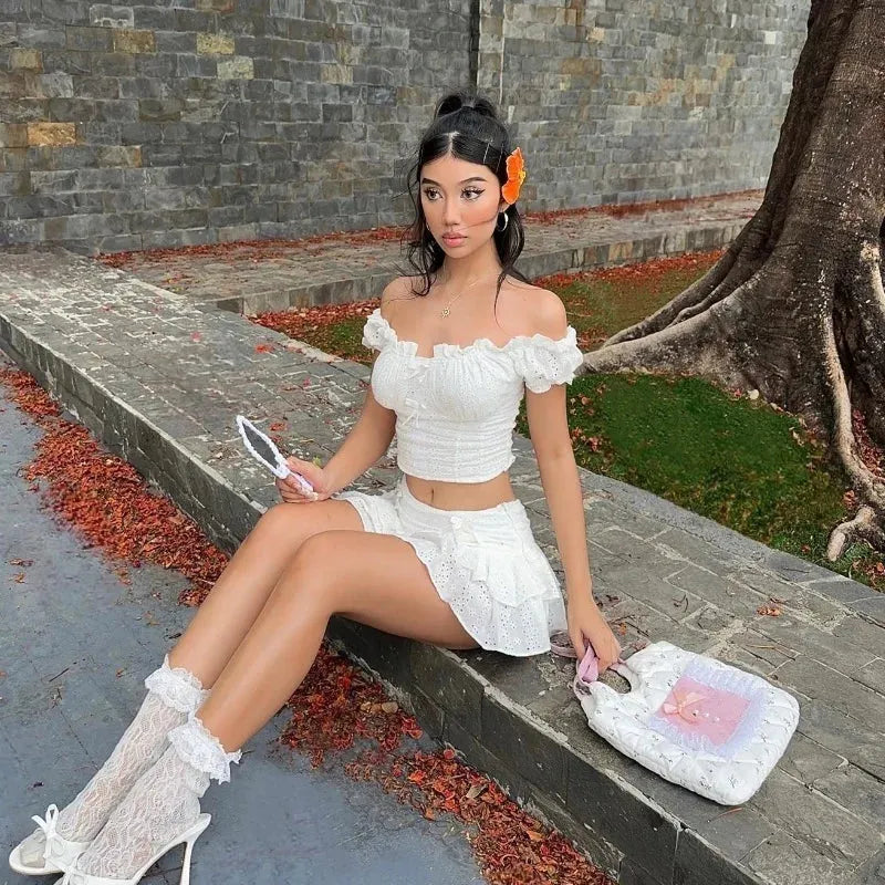 Quick Outfits, Modest Fashion Outfits Ideas Coquette Broderie Anglaise Top & Mini Skirt Two Piece Set Quick Outfits, Modest Fashion Outfits Ideas Coquette Broderie Anglaise Top & Mini Skirt Two Piece Set