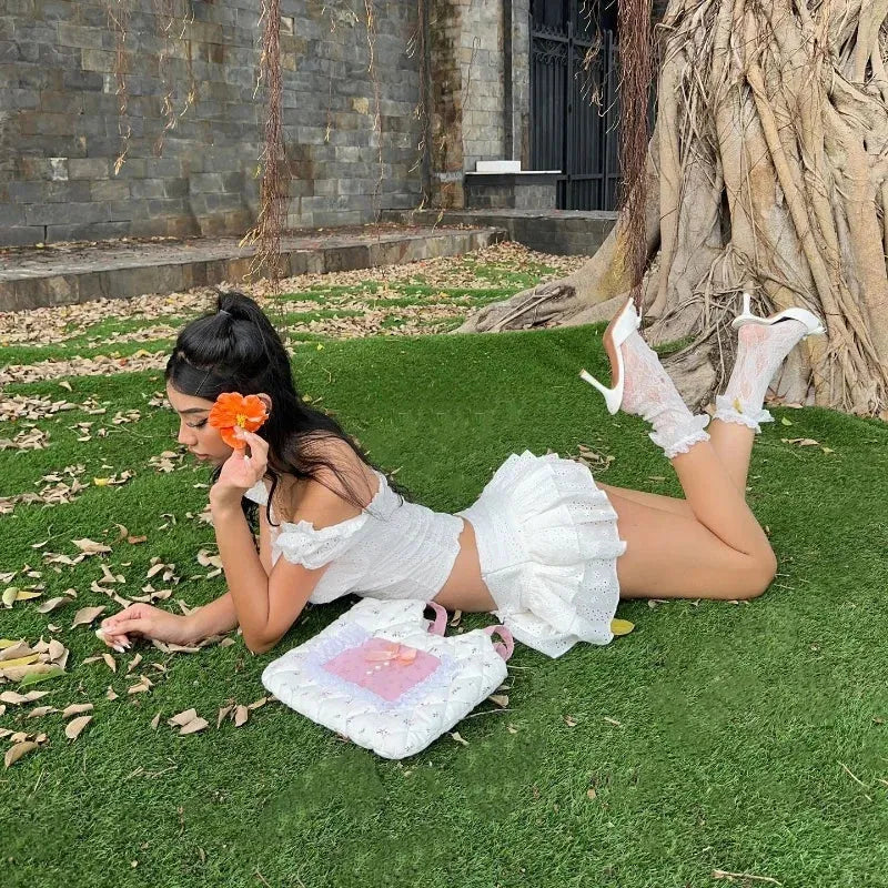 Quick Outfits, Modest Fashion Outfits Ideas Coquette Broderie Anglaise Top & Mini Skirt Two Piece Set Quick Outfits, Modest Fashion Outfits Ideas Coquette Broderie Anglaise Top & Mini Skirt Two Piece Set