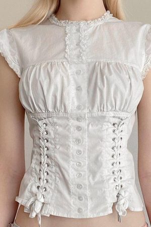 Quick Outfits, Modest Fashion Outfits Ideas Coquette Cap Sleeve Lace Up Top