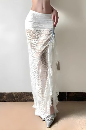 Quick Outfits, Modest Fashion Outfits Ideas Coquette Lace Ruffled Slit Maxi Skirt