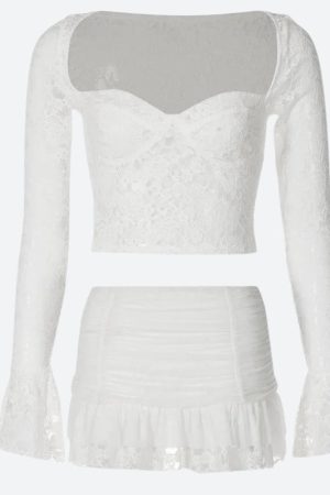 Quick Outfits, Modest Fashion Outfits Ideas Coquette Lace Top & Ruched Mini Skirt Two Piece Set