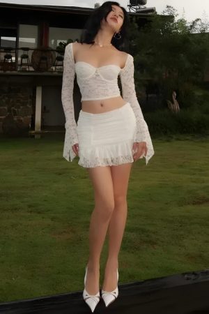 Quick Outfits, Modest Fashion Outfits Ideas Coquette Lace Top & Ruched Mini Skirt Two Piece Set