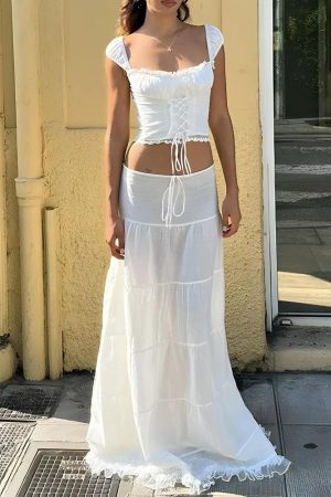 Quick Outfits, Modest Fashion Outfits Ideas Coquette Lace Up Crop Top & Maxi Skirt Two Piece Set