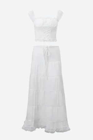 Quick Outfits, Modest Fashion Outfits Ideas Coquette Lace Up Crop Top & Maxi Skirt Two Piece Set