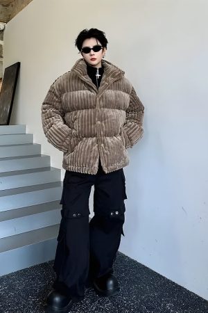 Quick Outfits, Modest Fashion Outfits Ideas Corduroy Buttoned Puffer Jacket