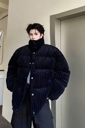 Quick Outfits, Modest Fashion Outfits Ideas Corduroy Buttoned Puffer Jacket