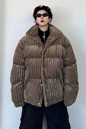 Quick Outfits, Modest Fashion Outfits Ideas Corduroy Buttoned Puffer Jacket