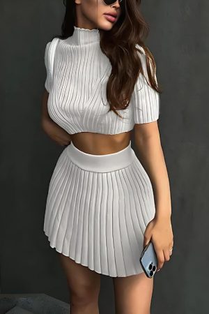 Quick Outfits, Modest Fashion Outfits Ideas Corduroy Knitted Crop Top & Mini Skirt Two Piece Set