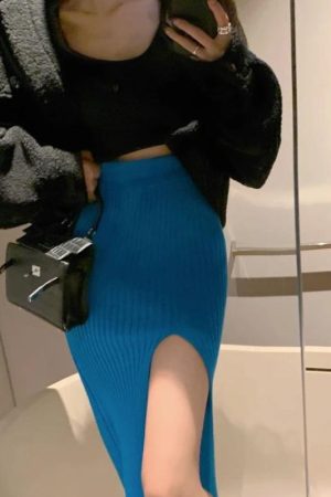 Quick Outfits, Modest Fashion Outfits Ideas Corduroy Knitted Split Midi Skirt