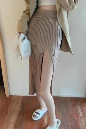 Quick Outfits, Modest Fashion Outfits Ideas Corduroy Knitted Split Midi Skirt