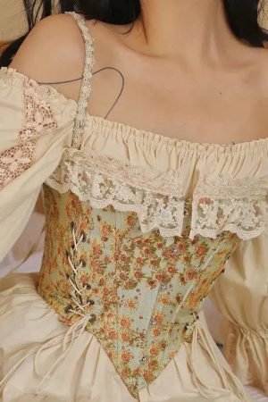 Quick Outfits, Modest Fashion Outfits Ideas Cottagecore Floral Lace Up Corset Top