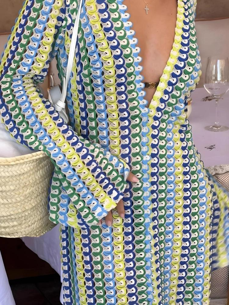 Quick Outfits, Modest Fashion Outfits Ideas Crochet Striped Plunge Neck Maxi Dress Quick Outfits, Modest Fashion Outfits Ideas Crochet Striped Plunge Neck Maxi Dress