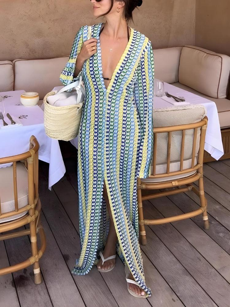 Quick Outfits, Modest Fashion Outfits Ideas Crochet Striped Plunge Neck Maxi Dress Quick Outfits, Modest Fashion Outfits Ideas Crochet Striped Plunge Neck Maxi Dress