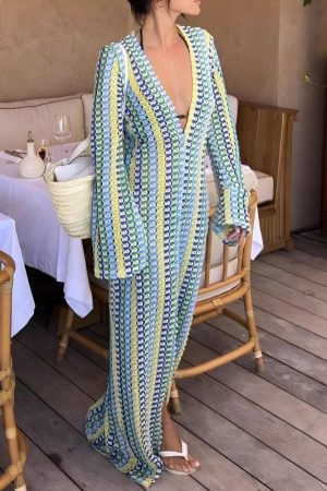 Quick Outfits, Modest Fashion Outfits Ideas Crochet Striped Plunge Neck Maxi Dress