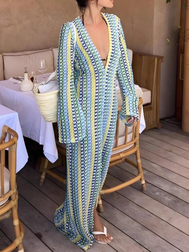 Quick Outfits, Modest Fashion Outfits Ideas Crochet Striped Plunge Neck Maxi Dress Quick Outfits, Modest Fashion Outfits Ideas Crochet Striped Plunge Neck Maxi Dress