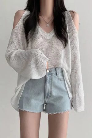 Quick Outfits, Modest Fashion Outfits Ideas Cut-Out Shoulder Loose Knit Sweater