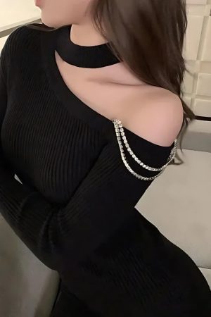 Quick Outfits, Modest Fashion Outfits Ideas Cut Out Shoulder Rhinestone Mini Dress