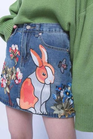 Quick Outfits, Modest Fashion Outfits Ideas Cute Rabbit Denim Mini Skirt