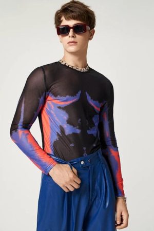 Quick Outfits, Modest Fashion Outfits Ideas Cyberpunk Abstract Painting Mesh Top