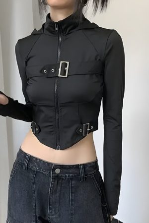 Quick Outfits, Modest Fashion Outfits Ideas Cyberpunk Belted Zip-Up Crop Jacket