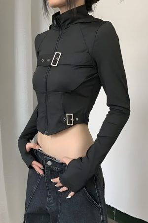 Quick Outfits, Modest Fashion Outfits Ideas Cyberpunk Belted Zip-Up Crop Jacket