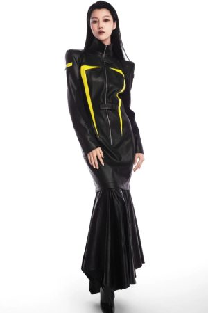 Quick Outfits, Modest Fashion Outfits Ideas Cyberpunk Faux Leather Maxi Dress