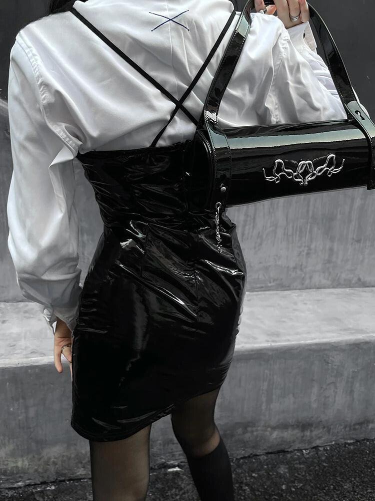 Quick Outfits, Modest Fashion Outfits Ideas Cyberpunk Faux Patent Leather Mini Dress Quick Outfits, Modest Fashion Outfits Ideas Cyberpunk Faux Patent Leather Mini Dress