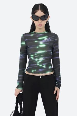Quick Outfits, Modest Fashion Outfits Ideas Cyberpunk Green Lights Mesh Top