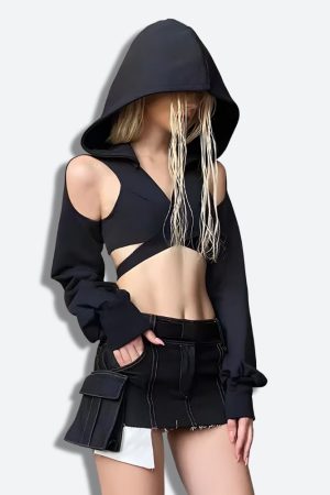 Quick Outfits, Modest Fashion Outfits Ideas Cyberpunk Hooded Wrap Around Crop Top