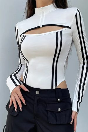 Quick Outfits, Modest Fashion Outfits Ideas Cyberpunk Striped Cut Out Bodysuit