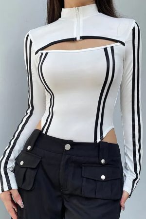 Quick Outfits, Modest Fashion Outfits Ideas Cyberpunk Striped Cut Out Bodysuit