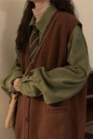 Quick Outfits, Modest Fashion Outfits Ideas Dark Academia Deep V-Neck Sleeveless Cardigan