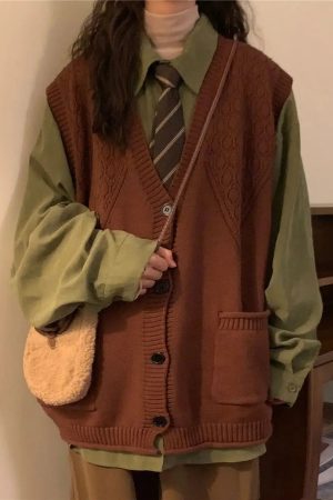 Quick Outfits, Modest Fashion Outfits Ideas Dark Academia Deep V-Neck Sleeveless Cardigan