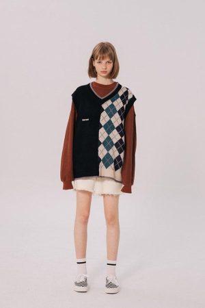 Quick Outfits, Modest Fashion Outfits Ideas Dark Academia Half Argyle Sweater Vest