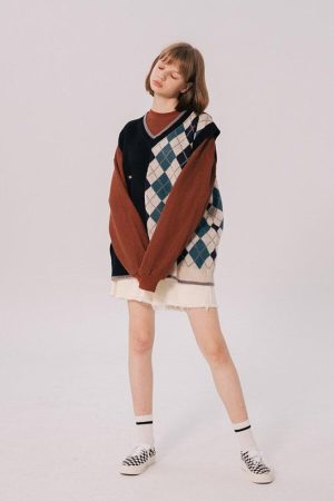 Quick Outfits, Modest Fashion Outfits Ideas Dark Academia Half Argyle Sweater Vest