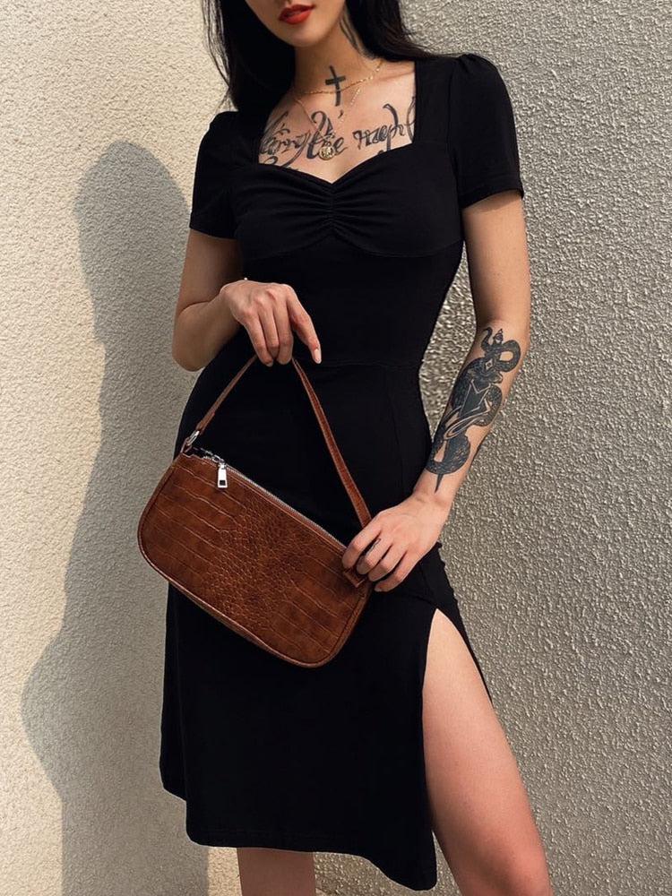 Quick Outfits, Modest Fashion Outfits Ideas Dark Academia Leg Split Midi Dress Quick Outfits, Modest Fashion Outfits Ideas Dark Academia Leg Split Midi Dress