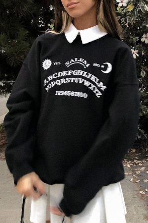 Quick Outfits, Modest Fashion Outfits Ideas Dark Academia Letter Print Sweatshirt