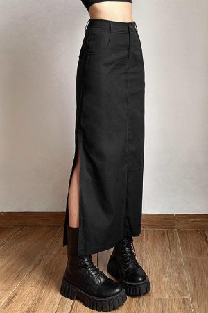 Quick Outfits, Modest Fashion Outfits Ideas Dark Academia Side Slit Maxi Skirt