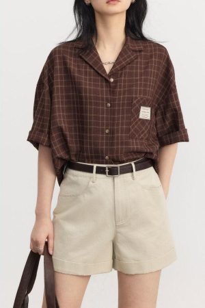 Quick Outfits, Modest Fashion Outfits Ideas Dark Academia V-Neck Plaid Shirt