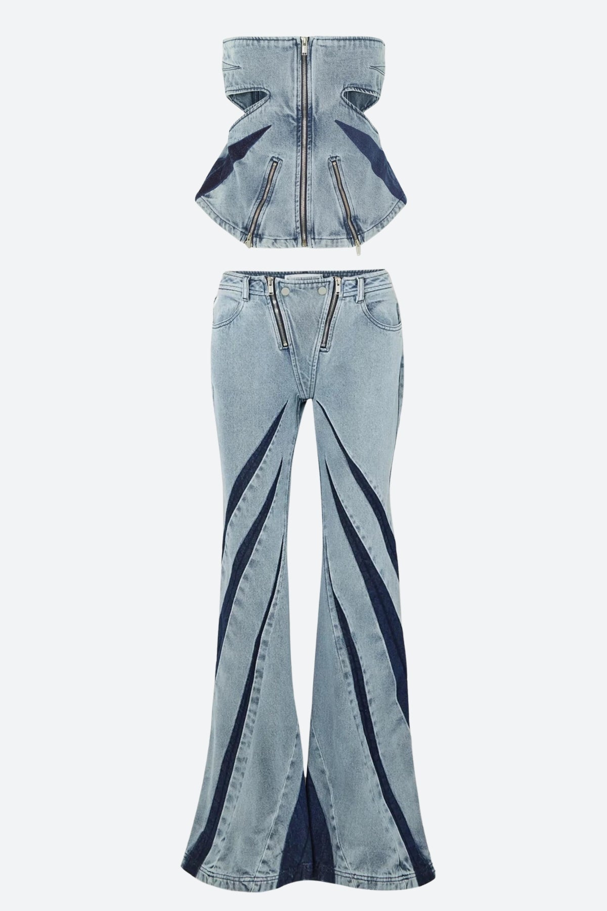 Quick Outfits, Modest Fashion Outfits Ideas Denim Cut Out Tube Top & Patch Jeans Two Piece Set Quick Outfits, Modest Fashion Outfits Ideas Denim Cut Out Tube Top & Patch Jeans Two Piece Set