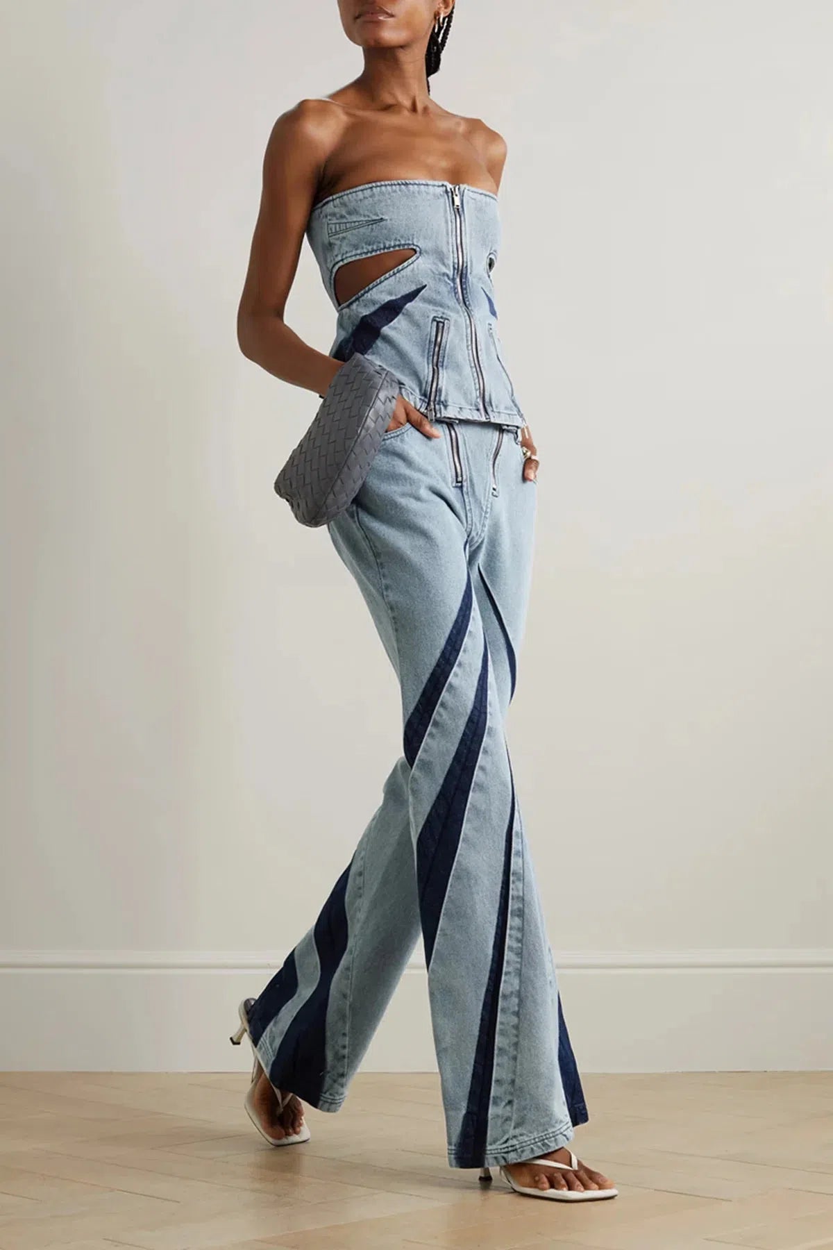 Quick Outfits, Modest Fashion Outfits Ideas Denim Cut Out Tube Top & Patch Jeans Two Piece Set Quick Outfits, Modest Fashion Outfits Ideas Denim Cut Out Tube Top & Patch Jeans Two Piece Set