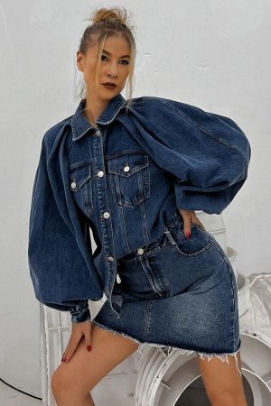 Quick Outfits, Modest Fashion Outfits Ideas Denim Jacket & Skirt Two Piece Set